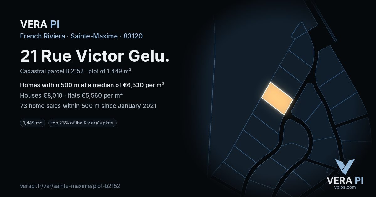 21 Rue Victor Gelu, Sainte-Maxime at night – the plot lit, the parcels around coloured by the prices near them