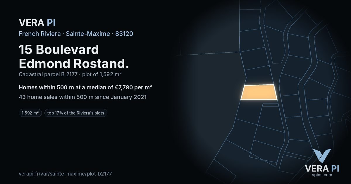 15 Boulevard Edmond Rostand, Sainte-Maxime at night – the plot lit, the parcels around coloured by the prices near them
