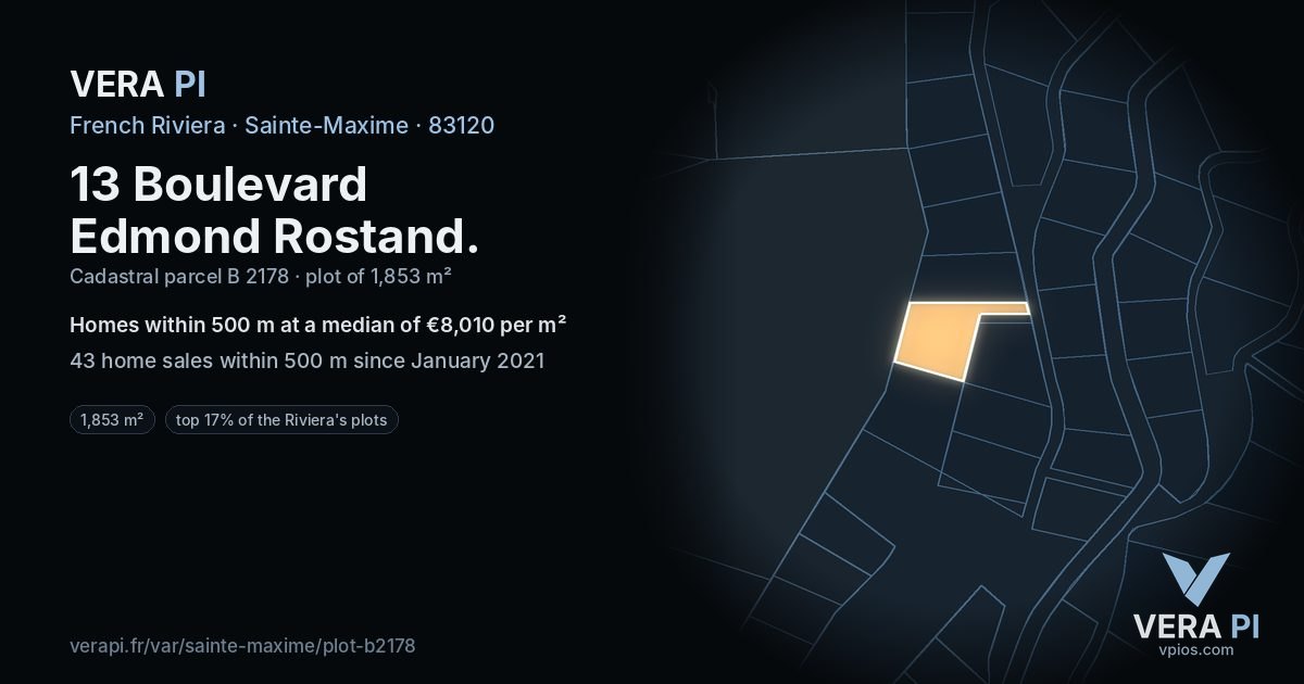 13 Boulevard Edmond Rostand, Sainte-Maxime at night – the plot lit, the parcels around coloured by the prices near them