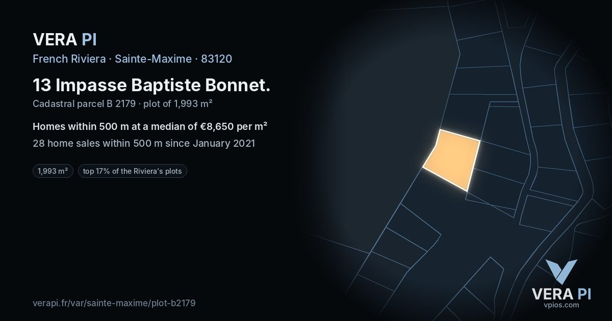 13 Impasse Baptiste Bonnet, Sainte-Maxime at night – the plot lit, the parcels around coloured by the prices near them
