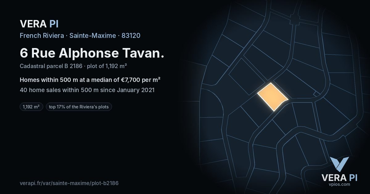 6 Rue Alphonse Tavan, Sainte-Maxime at night – the plot lit, the parcels around coloured by the prices near them