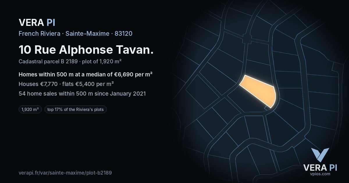 10 Rue Alphonse Tavan, Sainte-Maxime at night – the plot lit, the parcels around coloured by the prices near them
