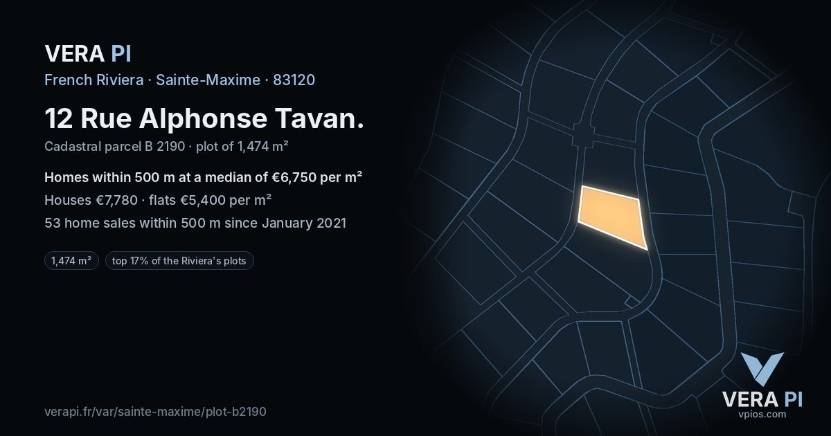 12 Rue Alphonse Tavan, Sainte-Maxime at night – the plot lit, the parcels around coloured by the prices near them