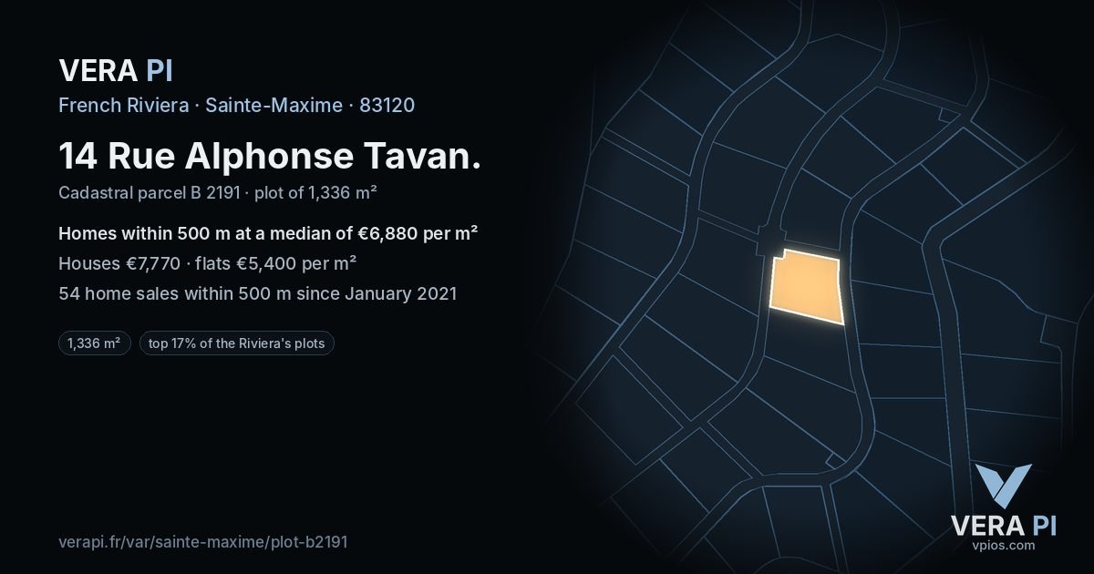 14 Rue Alphonse Tavan, Sainte-Maxime at night – the plot lit, the parcels around coloured by the prices near them
