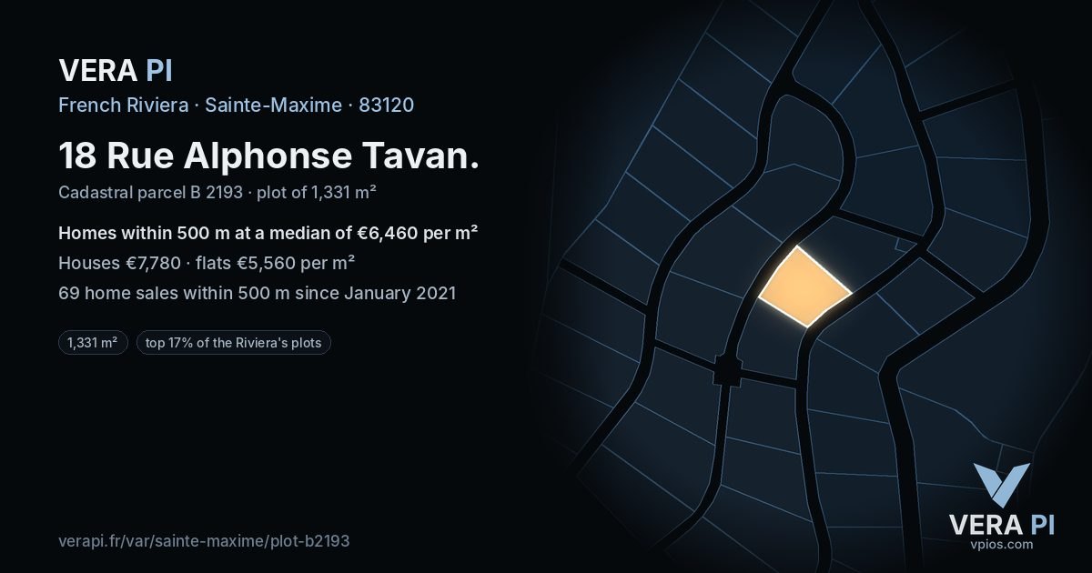 18 Rue Alphonse Tavan, Sainte-Maxime at night – the plot lit, the parcels around coloured by the prices near them