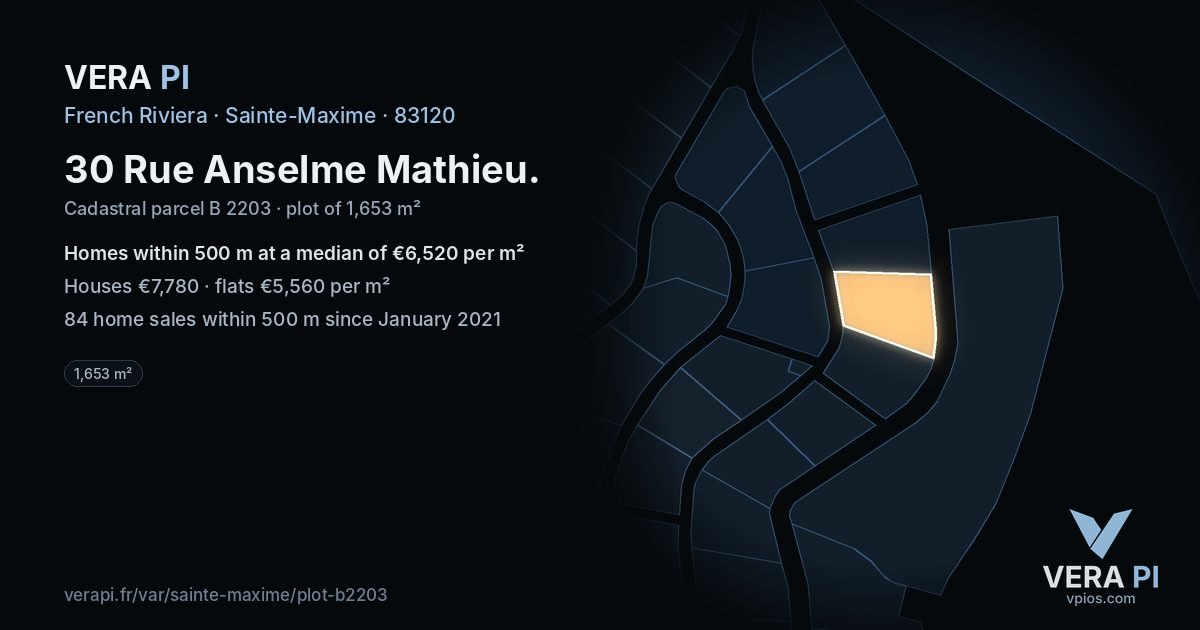 30 Rue Anselme Mathieu, Sainte-Maxime at night – the plot lit, the parcels around coloured by the prices near them
