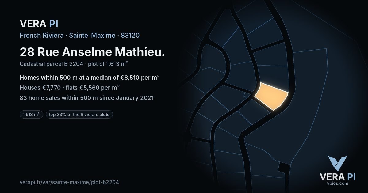 28 Rue Anselme Mathieu, Sainte-Maxime at night – the plot lit, the parcels around coloured by the prices near them