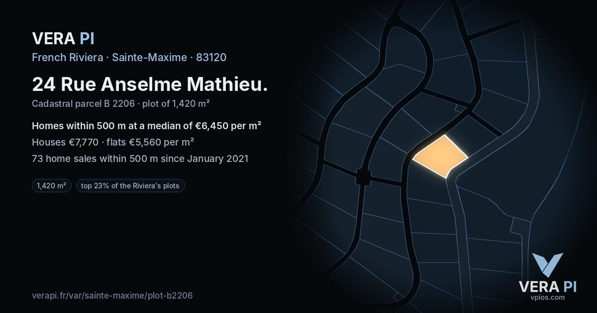 24 Rue Anselme Mathieu, Sainte-Maxime at night – the plot lit, the parcels around coloured by the prices near them