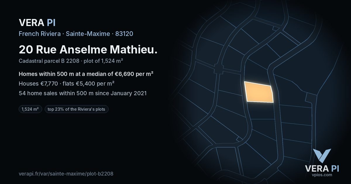 20 Rue Anselme Mathieu, Sainte-Maxime at night – the plot lit, the parcels around coloured by the prices near them