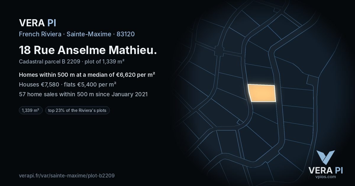 18 Rue Anselme Mathieu, Sainte-Maxime at night – the plot lit, the parcels around coloured by the prices near them