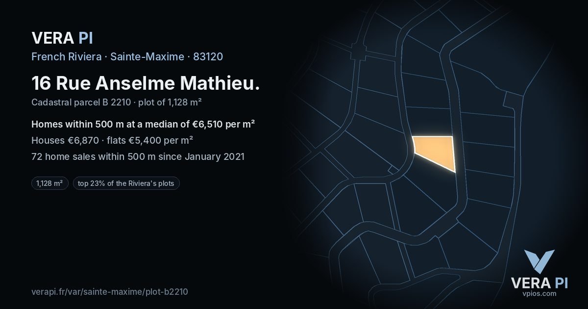 16 Rue Anselme Mathieu, Sainte-Maxime at night – the plot lit, the parcels around coloured by the prices near them