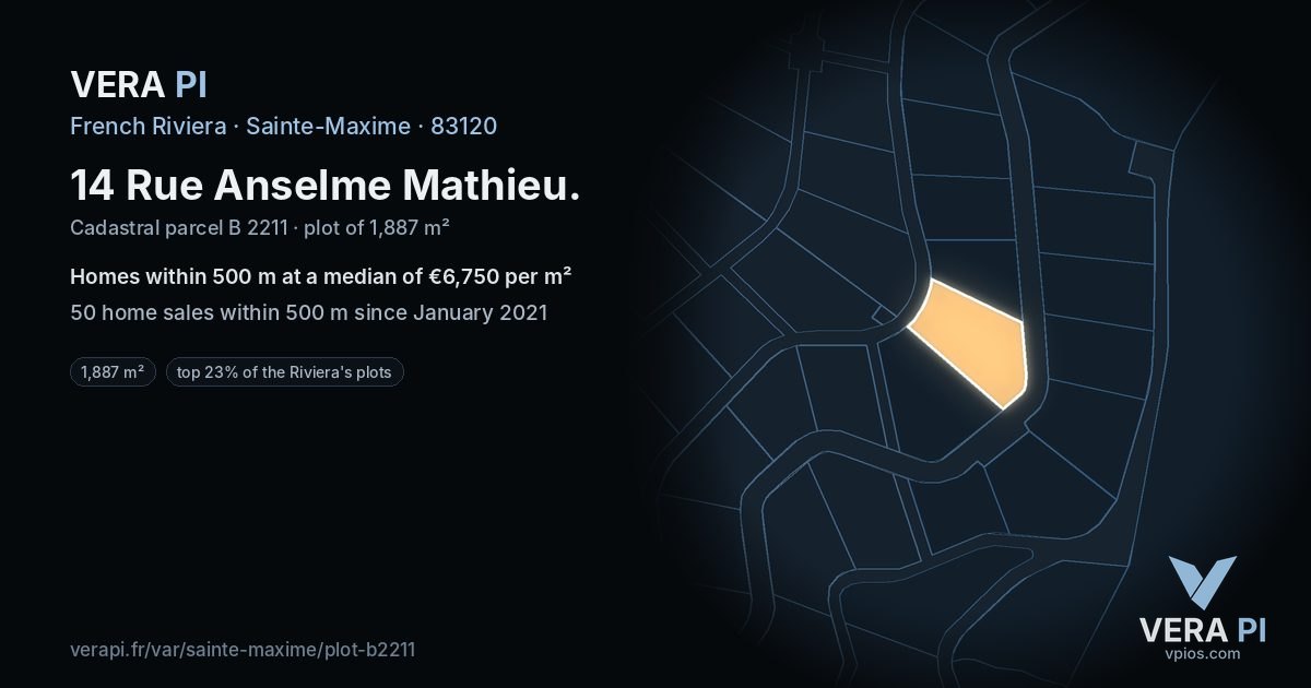 14 Rue Anselme Mathieu, Sainte-Maxime at night – the plot lit, the parcels around coloured by the prices near them