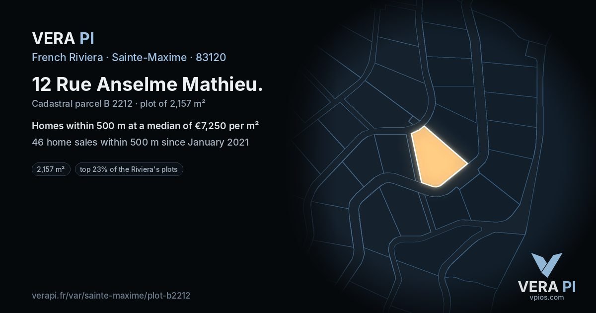 12 Rue Anselme Mathieu, Sainte-Maxime at night – the plot lit, the parcels around coloured by the prices near them