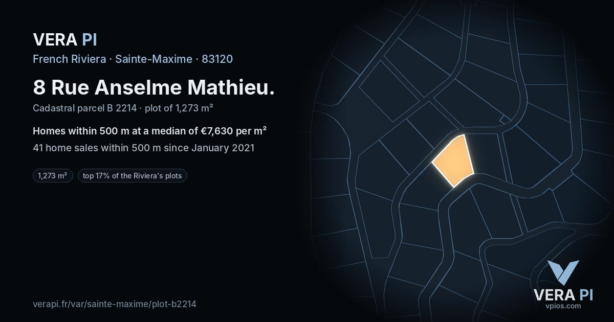8 Rue Anselme Mathieu, Sainte-Maxime at night – the plot lit, the parcels around coloured by the prices near them