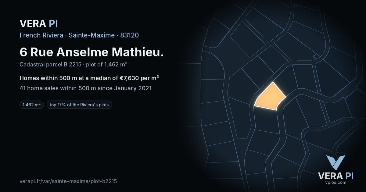 6 Rue Anselme Mathieu, Sainte-Maxime at night – the plot lit, the parcels around coloured by the prices near them
