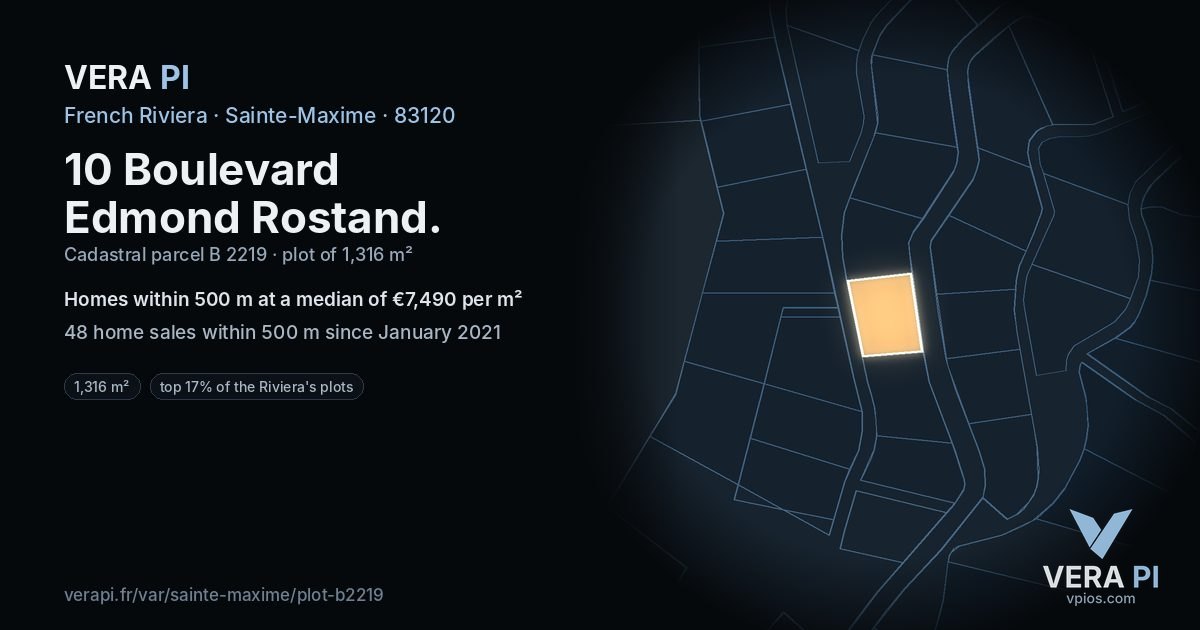 10 Boulevard Edmond Rostand, Sainte-Maxime at night – the plot lit, the parcels around coloured by the prices near them