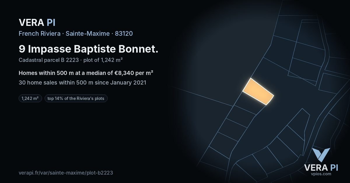 9 Impasse Baptiste Bonnet, Sainte-Maxime at night – the plot lit, the parcels around coloured by the prices near them