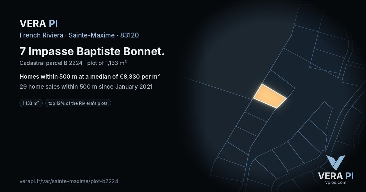 7 Impasse Baptiste Bonnet, Sainte-Maxime at night – the plot lit, the parcels around coloured by the prices near them