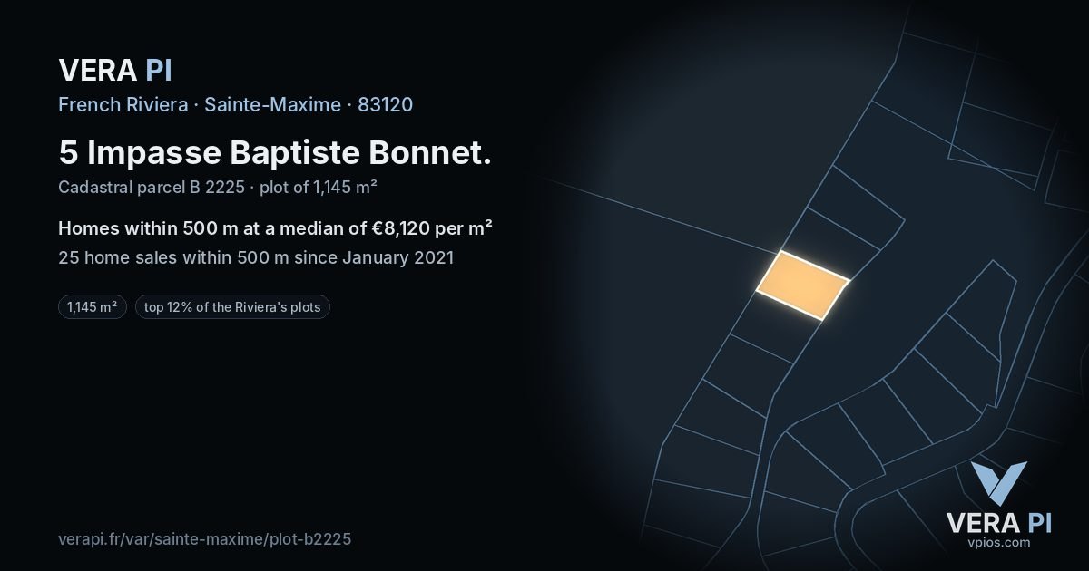 5 Impasse Baptiste Bonnet, Sainte-Maxime at night – the plot lit, the parcels around coloured by the prices near them