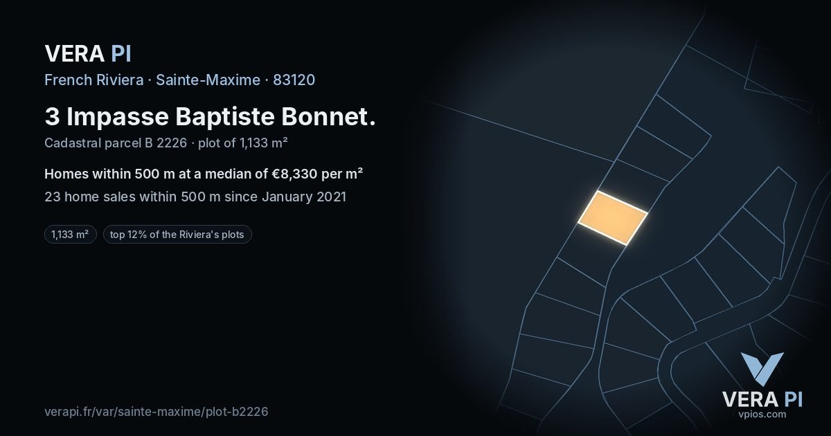 3 Impasse Baptiste Bonnet, Sainte-Maxime at night – the plot lit, the parcels around coloured by the prices near them