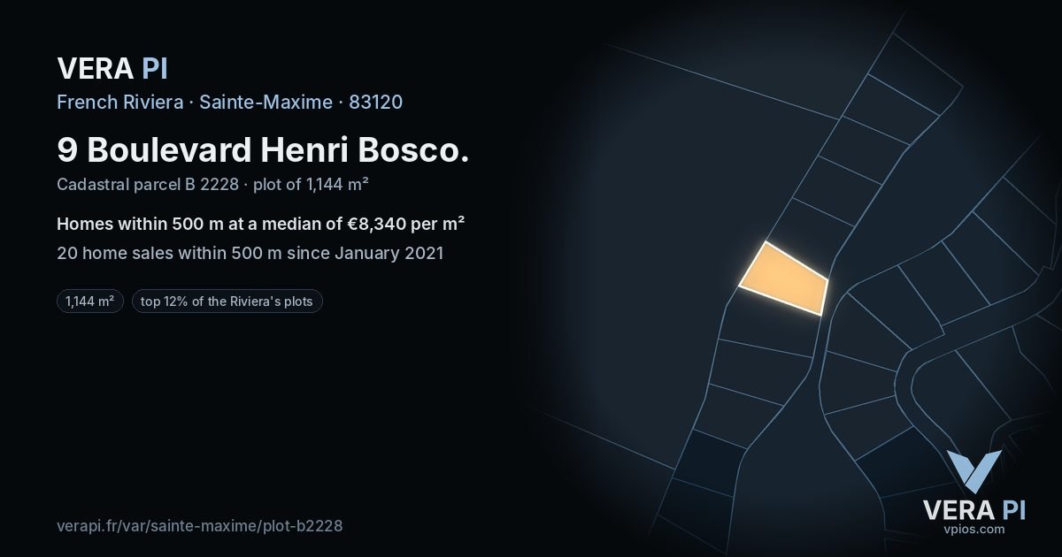 9 Boulevard Henri Bosco, Sainte-Maxime at night – the plot lit, the parcels around coloured by the prices near them