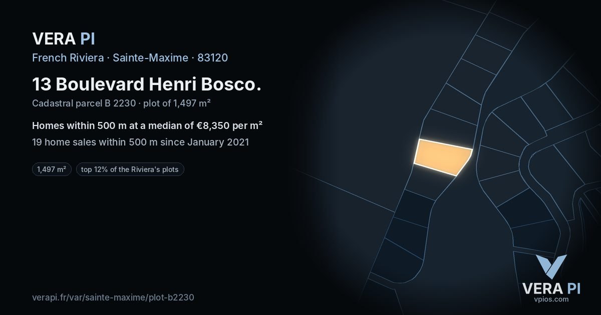 13 Boulevard Henri Bosco, Sainte-Maxime at night – the plot lit, the parcels around coloured by the prices near them