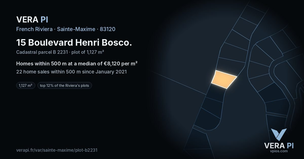 15 Boulevard Henri Bosco, Sainte-Maxime at night – the plot lit, the parcels around coloured by the prices near them