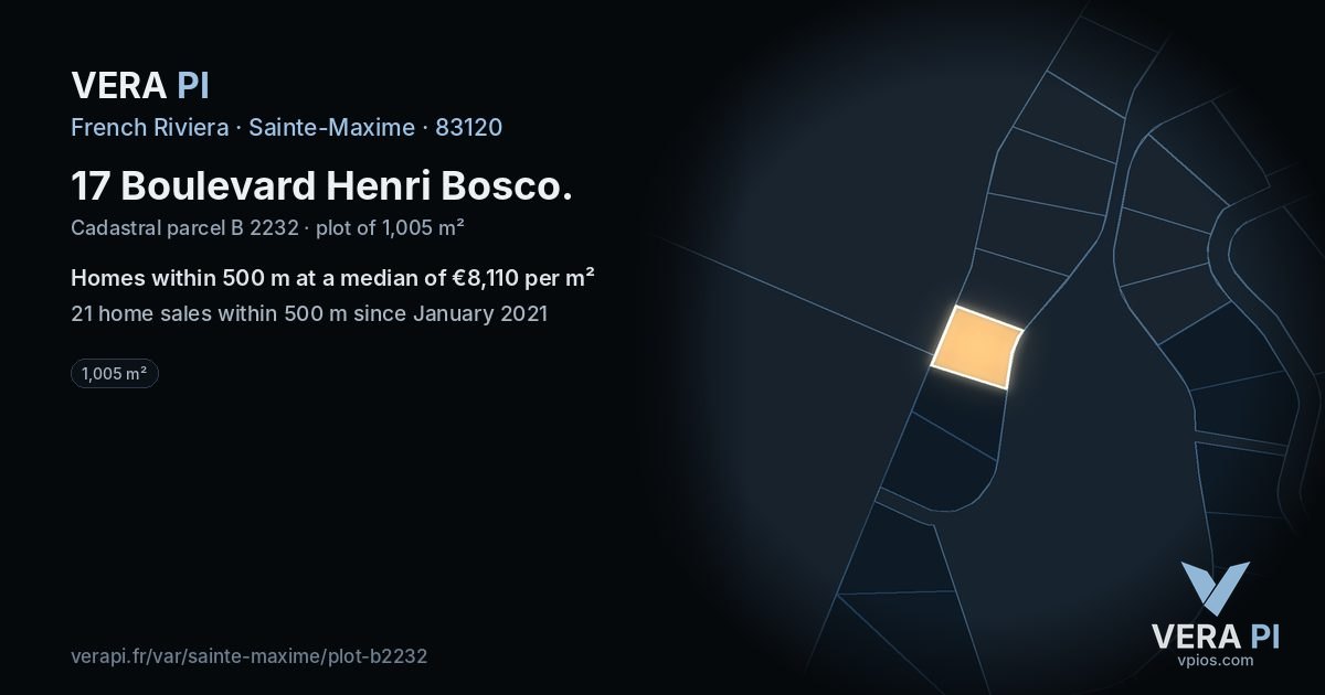 17 Boulevard Henri Bosco, Sainte-Maxime at night – the plot lit, the parcels around coloured by the prices near them