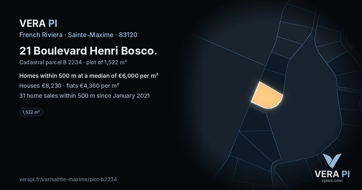 21 Boulevard Henri Bosco, Sainte-Maxime at night – the plot lit, the parcels around coloured by the prices near them