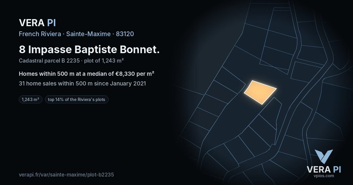 8 Impasse Baptiste Bonnet, Sainte-Maxime at night – the plot lit, the parcels around coloured by the prices near them