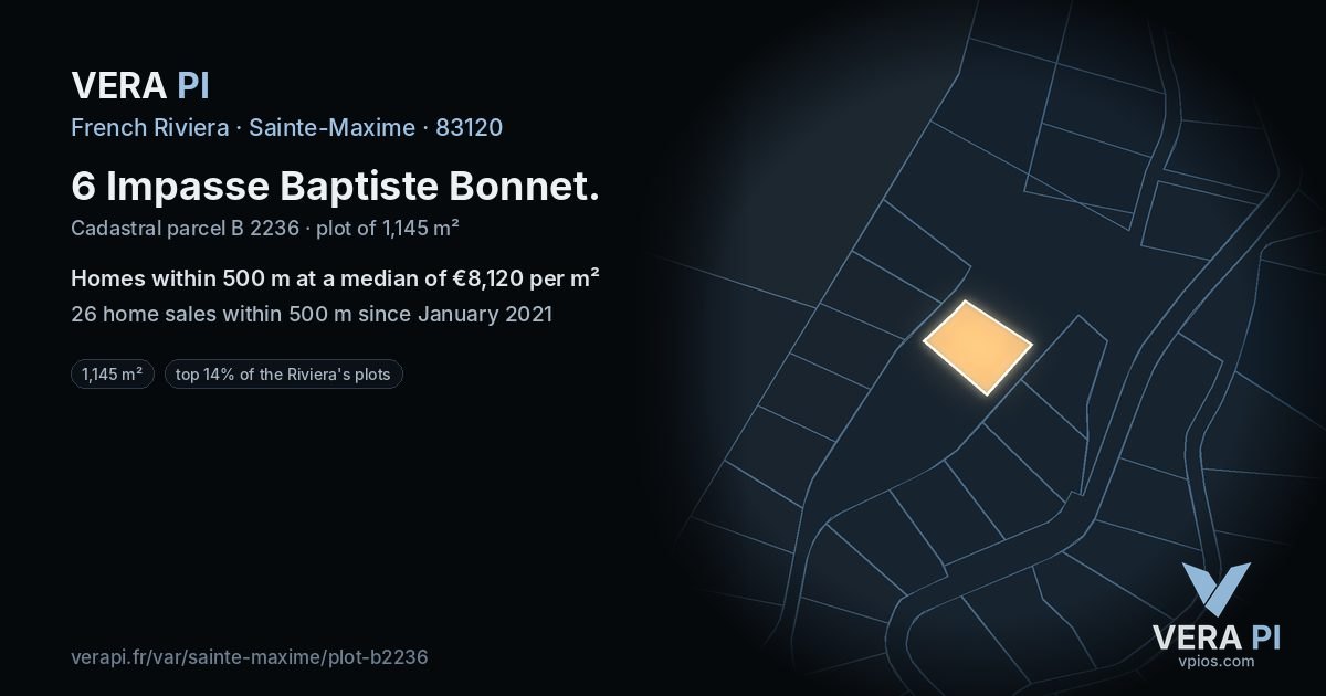 6 Impasse Baptiste Bonnet, Sainte-Maxime at night – the plot lit, the parcels around coloured by the prices near them