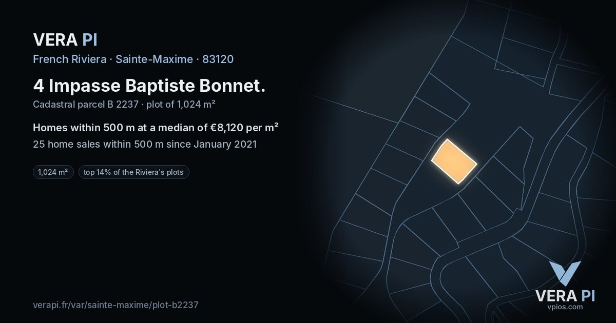 4 Impasse Baptiste Bonnet, Sainte-Maxime at night – the plot lit, the parcels around coloured by the prices near them