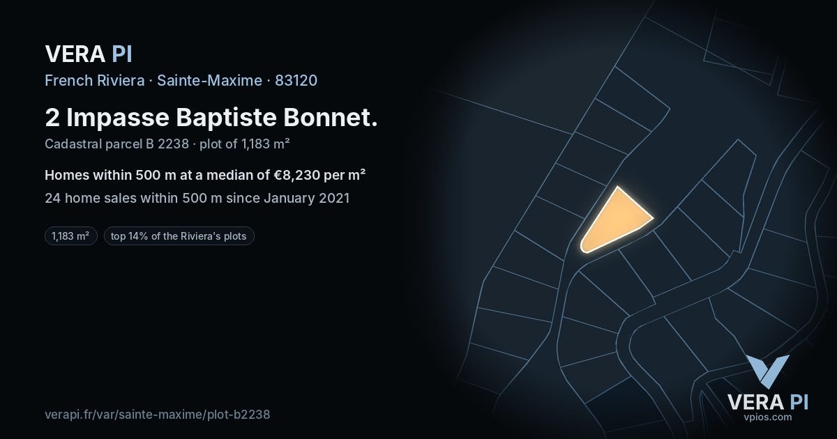 2 Impasse Baptiste Bonnet, Sainte-Maxime at night – the plot lit, the parcels around coloured by the prices near them
