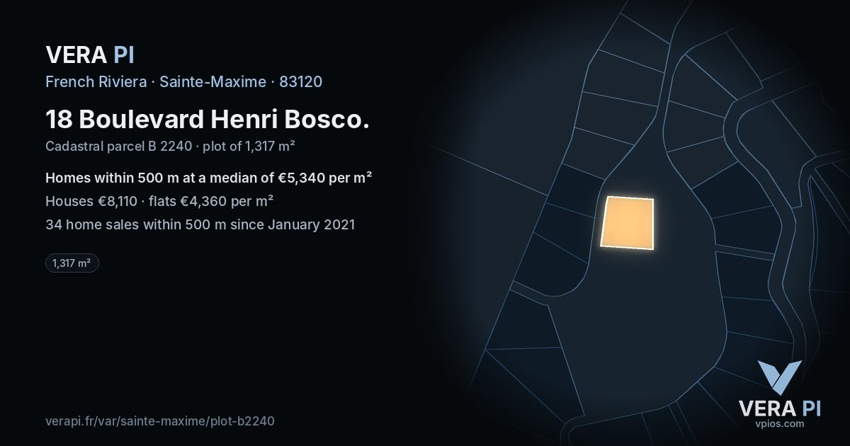 18 Boulevard Henri Bosco, Sainte-Maxime at night – the plot lit, the parcels around coloured by the prices near them