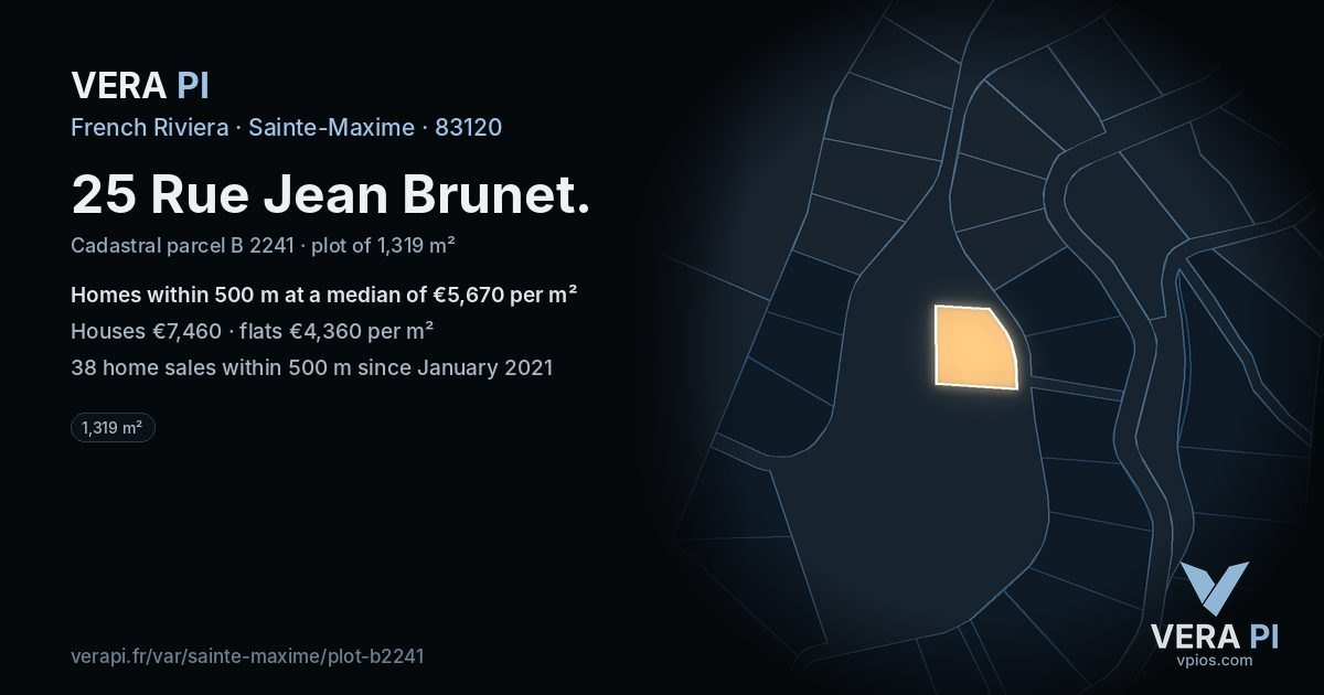 25 Rue Jean Brunet, Sainte-Maxime at night – the plot lit, the parcels around coloured by the prices near them