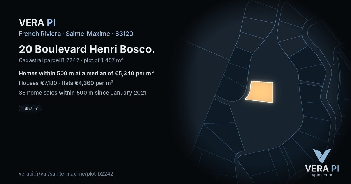 20 Boulevard Henri Bosco, Sainte-Maxime at night – the plot lit, the parcels around coloured by the prices near them