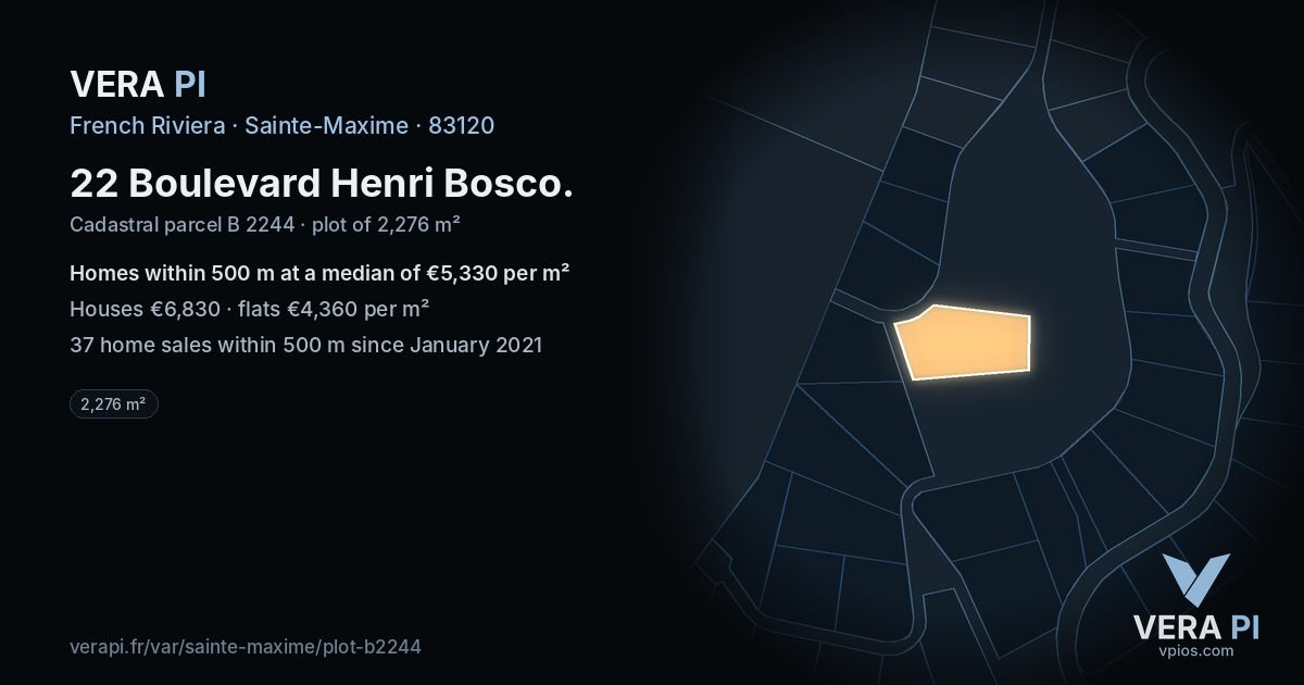 22 Boulevard Henri Bosco, Sainte-Maxime at night – the plot lit, the parcels around coloured by the prices near them