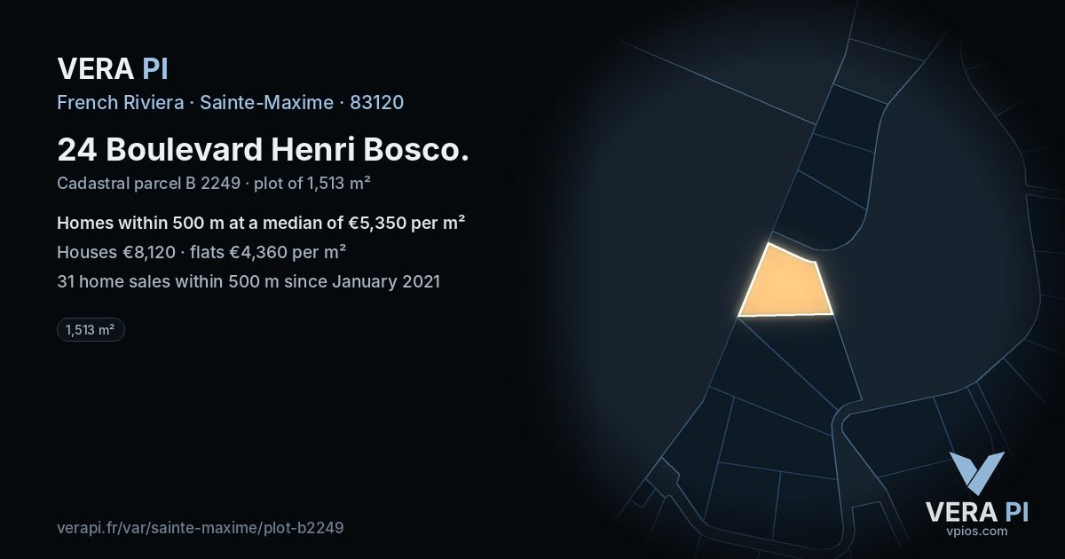 24 Boulevard Henri Bosco, Sainte-Maxime at night – the plot lit, the parcels around coloured by the prices near them