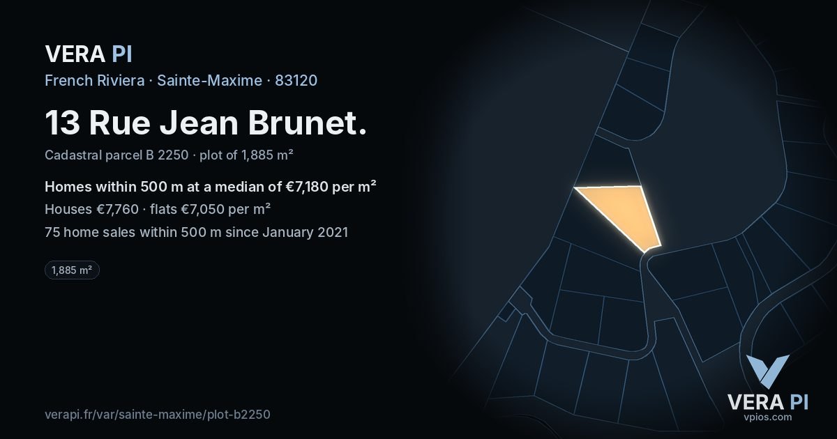 13 Rue Jean Brunet, Sainte-Maxime at night – the plot lit, the parcels around coloured by the prices near them