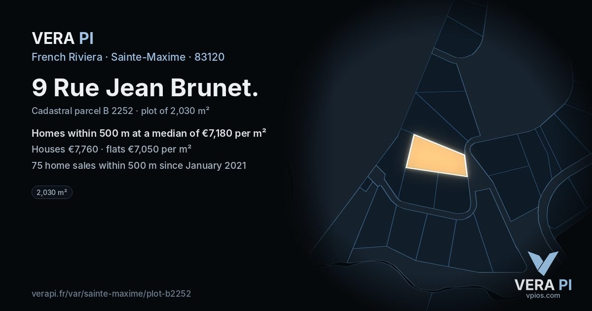 9 Rue Jean Brunet, Sainte-Maxime at night – the plot lit, the parcels around coloured by the prices near them