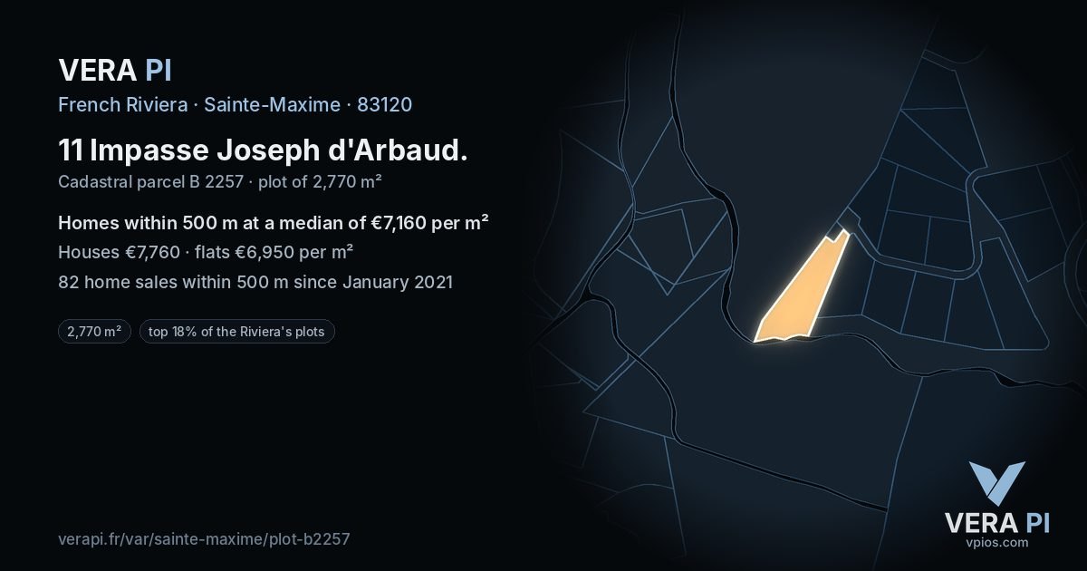 11 Impasse Joseph d'Arbaud, Sainte-Maxime at night – the plot lit, the parcels around coloured by the prices near them