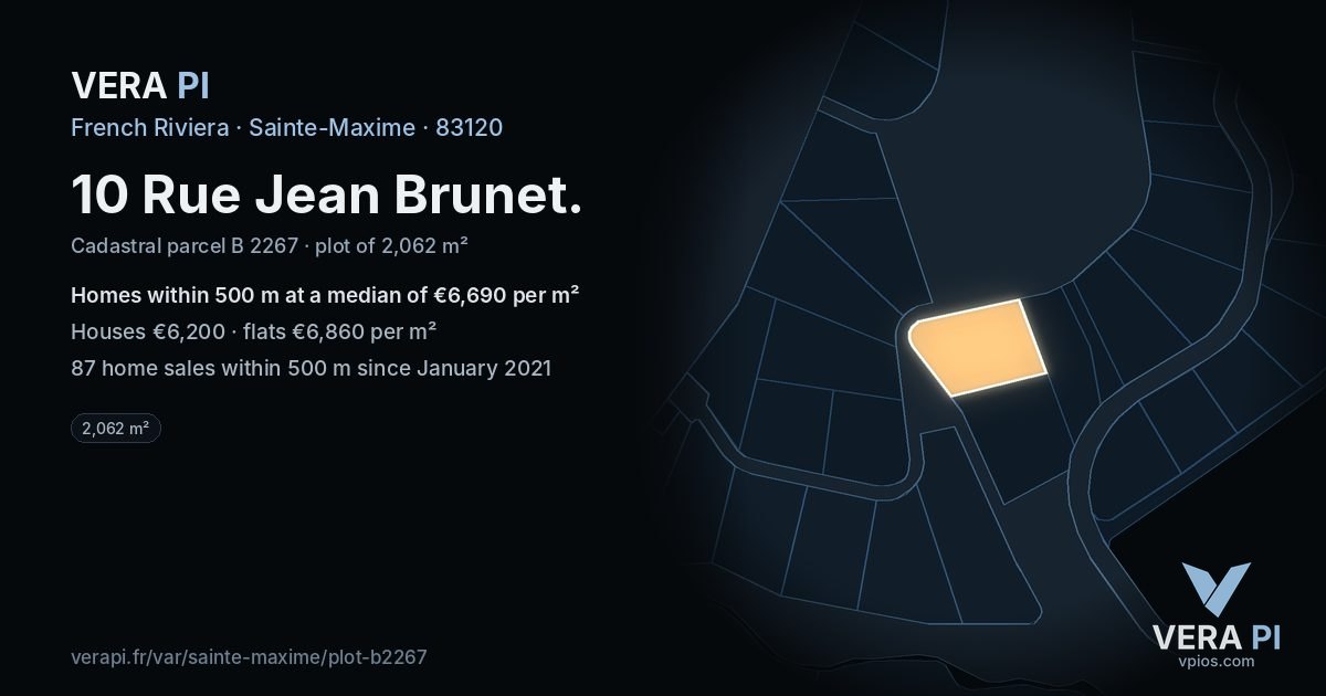 10 Rue Jean Brunet, Sainte-Maxime at night – the plot lit, the parcels around coloured by the prices near them