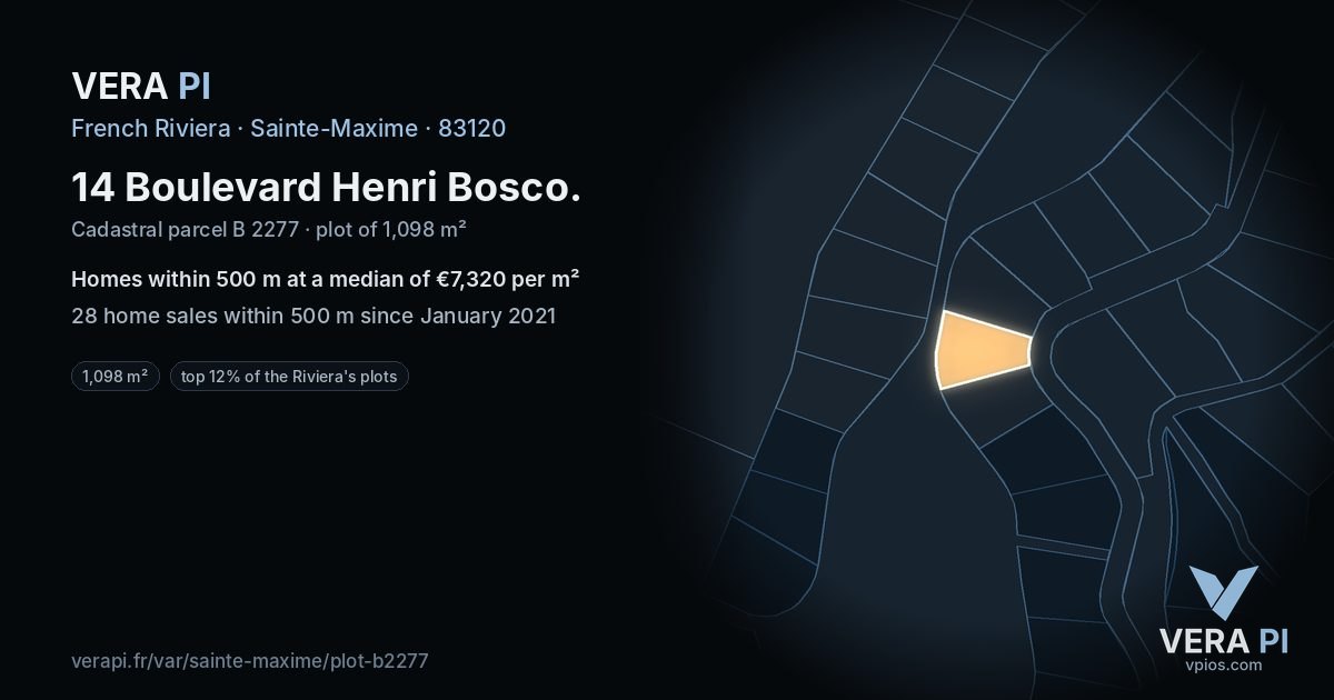14 Boulevard Henri Bosco, Sainte-Maxime at night – the plot lit, the parcels around coloured by the prices near them