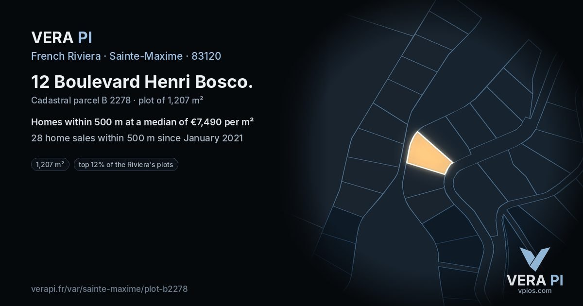12 Boulevard Henri Bosco, Sainte-Maxime at night – the plot lit, the parcels around coloured by the prices near them