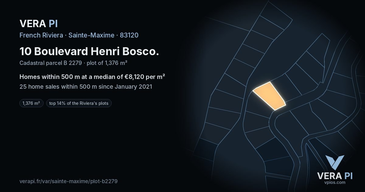 10 Boulevard Henri Bosco, Sainte-Maxime at night – the plot lit, the parcels around coloured by the prices near them