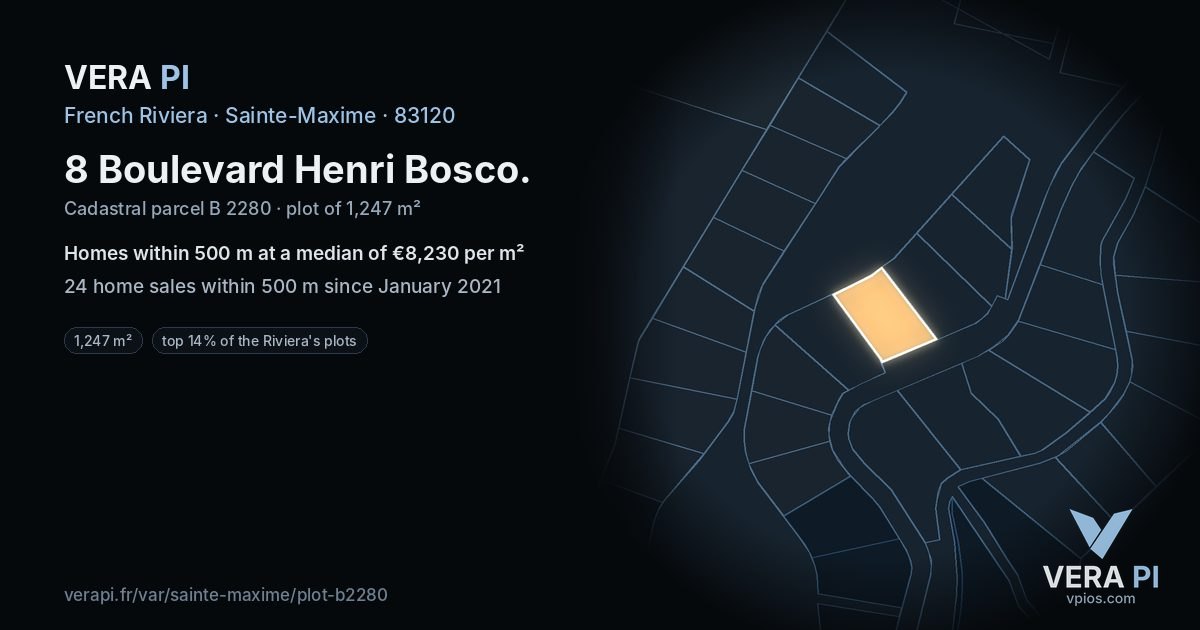 8 Boulevard Henri Bosco, Sainte-Maxime at night – the plot lit, the parcels around coloured by the prices near them