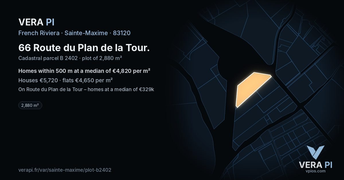 66 Route du Plan de la Tour, Sainte-Maxime at night – the plot lit, the parcels around coloured by the prices near them