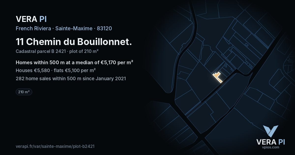 11 Chemin du Bouillonnet, Sainte-Maxime at night – the plot lit, the parcels around coloured by the prices near them