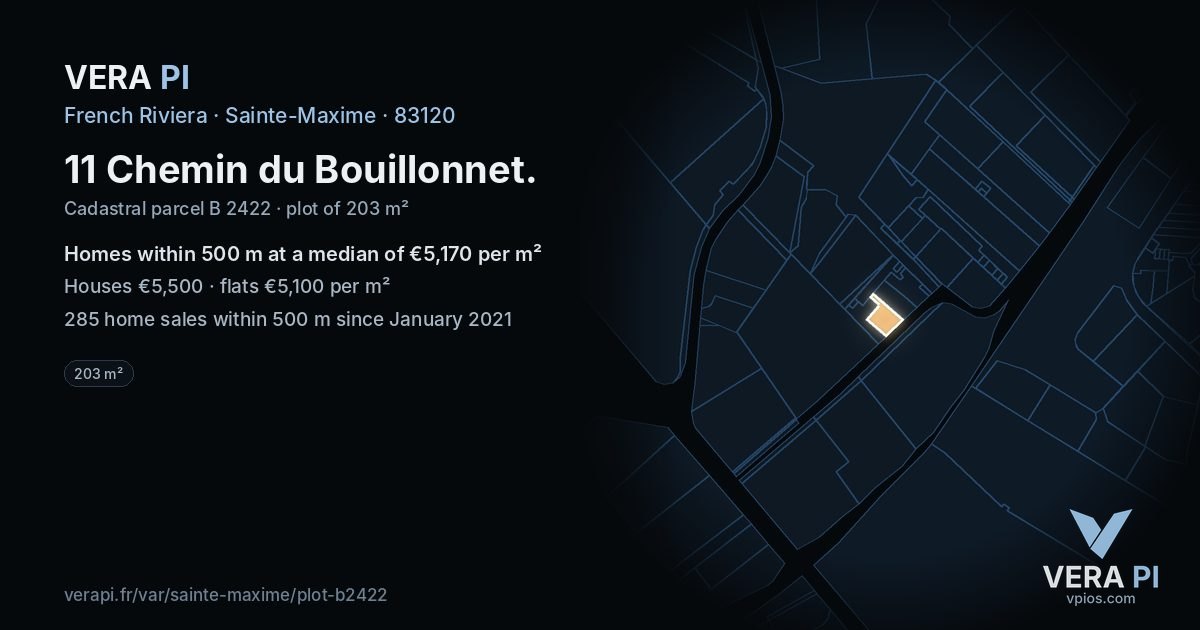 11 Chemin du Bouillonnet, Sainte-Maxime at night – the plot lit, the parcels around coloured by the prices near them