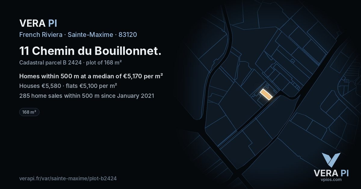 11 Chemin du Bouillonnet, Sainte-Maxime at night – the plot lit, the parcels around coloured by the prices near them